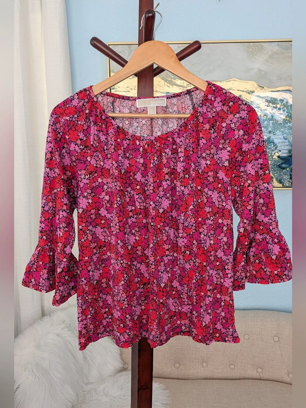 Michael Kors Floral Blouse - Casual Ruffle Sleeve Top Sz L.